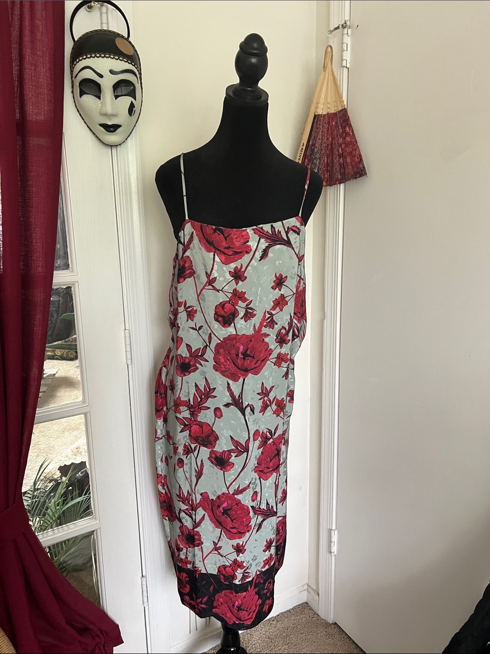 Floral Slip Dress in Light Blue with Red Roses
